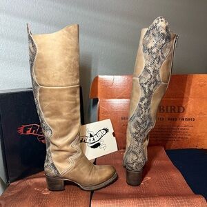 Freebird by Steven Calgary Size 7 Taupe and Snake Print Heeled Boots